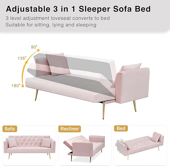 71 Modern Velvet Sofa Bed Futon Convertible Sleeper Couch with Adjustable Backrest Tufted Recliner Loveseat with Golden Chrome Legs &amp 2 Pillows for Small Spaces Living Room Apartment (Pink)
