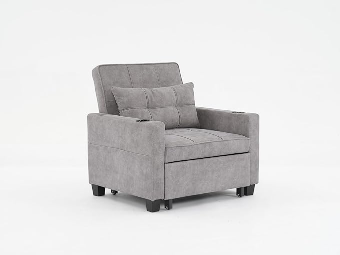 Sleeper Chair Bed Convertible Chair Bed Pull Out Chair Beds with USB Charging &amp Cupholders Adjustable Backrest Leather Futon Chair Bed for Living Room Bedroom (Light Grey(Cloth))