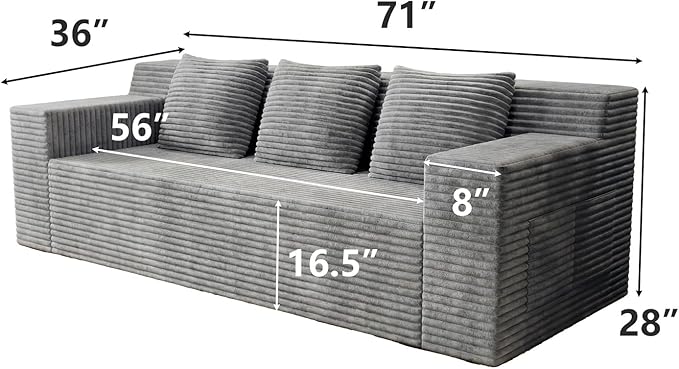 Boneless Couches for Living Room 71 Modern 3 Seater Sofa with Deep Seat Comfy Cloud Sofa with Corduroy Fabric No Assembly Couch Couches for Bedroom Dorm Apartment (Light Gray)