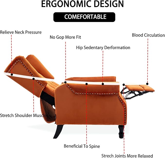 Velvet Accent Chair Push Back Recliner Chair Wingback Arm Chair for Living Room/Bedroom/Home Theater/Reception Area Caramel