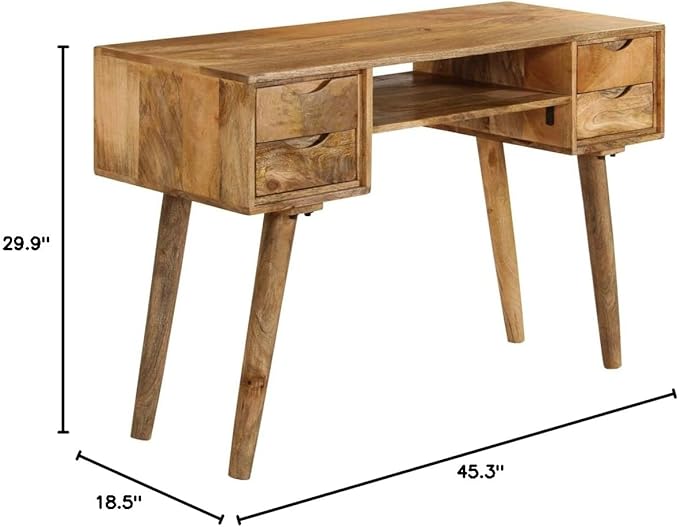 Wooden Writing Computer Desk with 4 Drawers and a Shelf Home Office Desk Writing Study Table PC Desk Workstation for Bedroom Solid Mango Wood 45.3x18.5x29.9 -AA