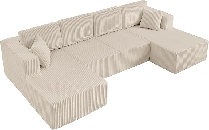 161 Oversized Cloud Boneless Sofa Couch with Chaise Modern Corduroy Modular Sectional Sofa with Deep Seat Comfy U Shaped Couch with Memory Foam for Living Room No Assembly Required (Beige)