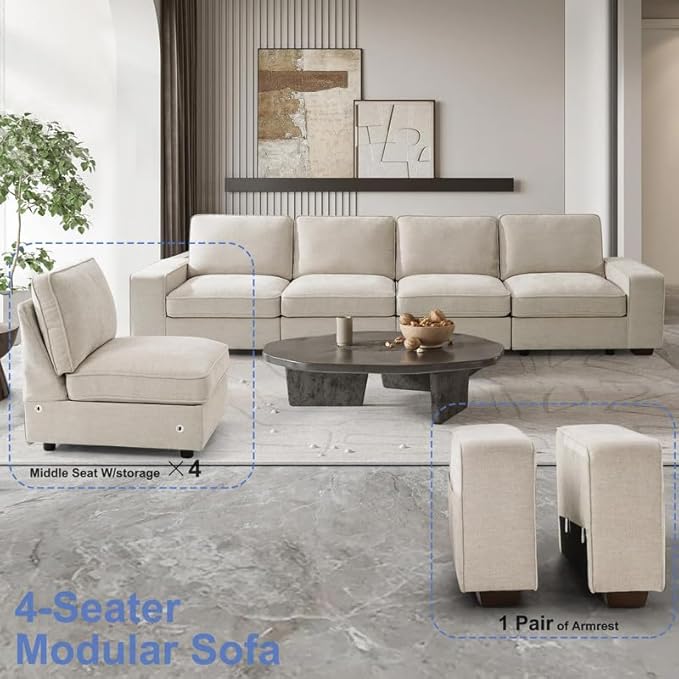 129 4-Seater Modular Sectional Sofa Modern Comfy Chenille Couch with Removable Chenille Washable Cover Seat Storage and USB Charging for Living Room Office Apartment Easy to Install Beige