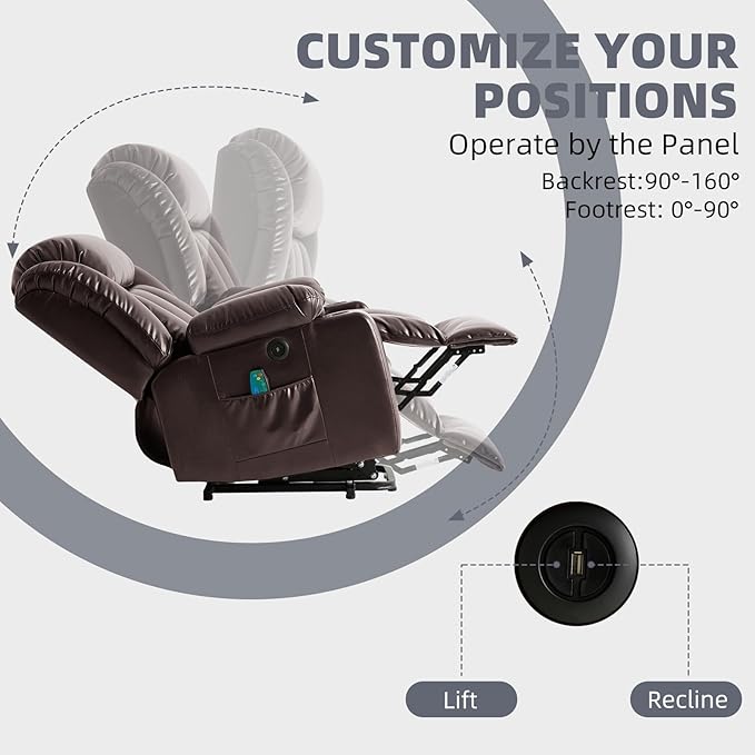 Power Lift Recliner Chair for Elderly Electric Recliner Chairs for Adults with Massage and Heat Cup Holders Remote Control Side Pockets USB Ports Leather (Brown)