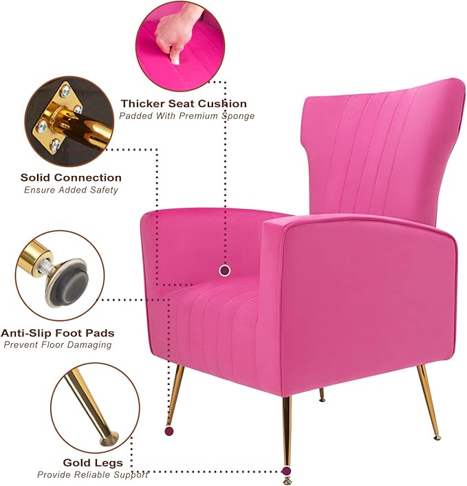 Velvet Accent Chair Wingback Arm Chair with Gold Legs Upholstered Single Sofa for Living Room Bedroom