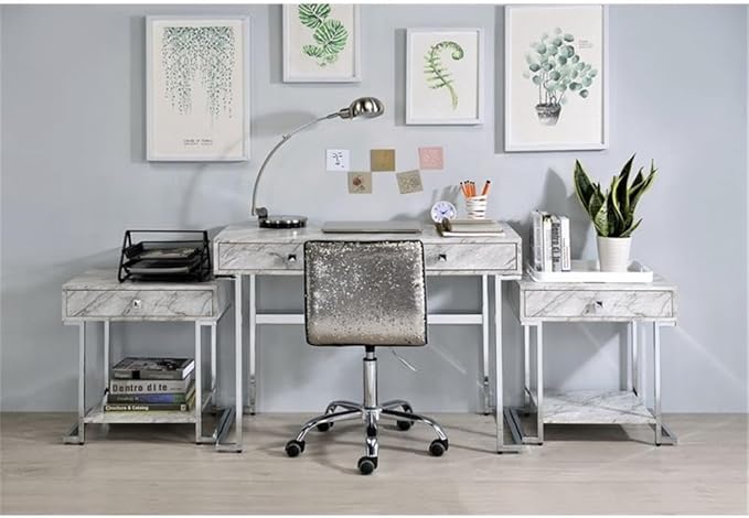 Acme Tigress Faux Marble Top Writing Desk with 2 Drawers in White and Chrome