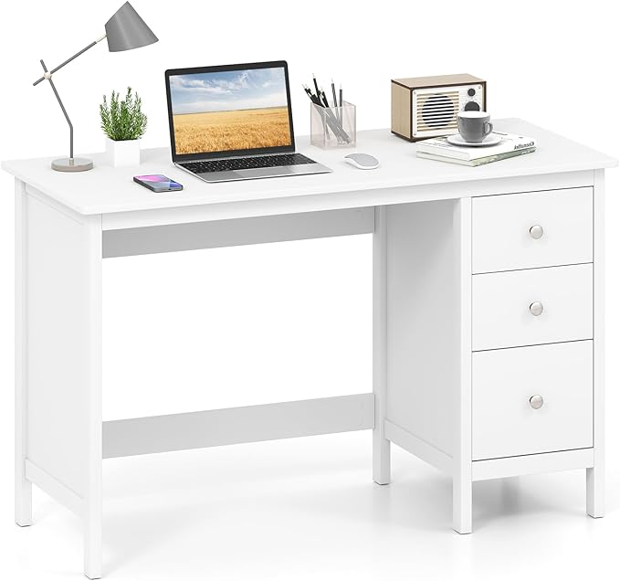 Giantex White Desk with Drawers 48 Inch Home Office Desk with Anti-Toppling Device Multifunctional Computer Workstation Wood Study Writing Desk for Small Spaces Bedroom