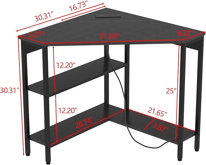 Auromie Corner Desk with Outlets &amp USB Ports 90 Degree Triangle Corner Table with CPU Stand &amp Storage Shelves for Small Space Computer Table with Charging Station for Home Office Bedroom (Bl