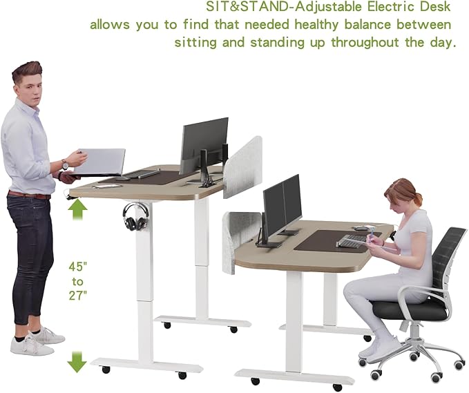 Radlove Electric Standing Desk 63 x 30'' Ergonomically Curved Desktop with Outlet Lockable Casters 4 Memory Keys Easy to Set Home Office Desk Beige Top White Frame Grey Privacy Panel