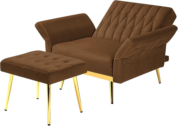 Velvet Accent Chair with Adjustable Backrest and Armrests Single Recliner Armchair with Ottoman and Golden Mental Legs for Living Room Bedroom and Waiting Room Brown
