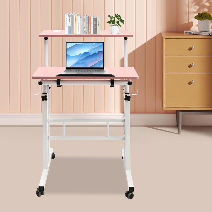 Small Standing Desk Mobile Stand Up Desk With Usb Interfaces&ampSocket Small Adjustable Standing Desk With Wheels&ampHooks Home Workstation For Offices Home Office Areas Student Dormitories (P