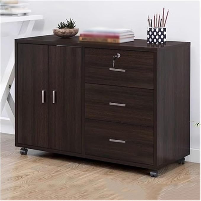 Wood File Cabinet with Three Drawers with Double Door Storage Filing Cabinet with Lock and Removable Rollers (Color : Bruin)