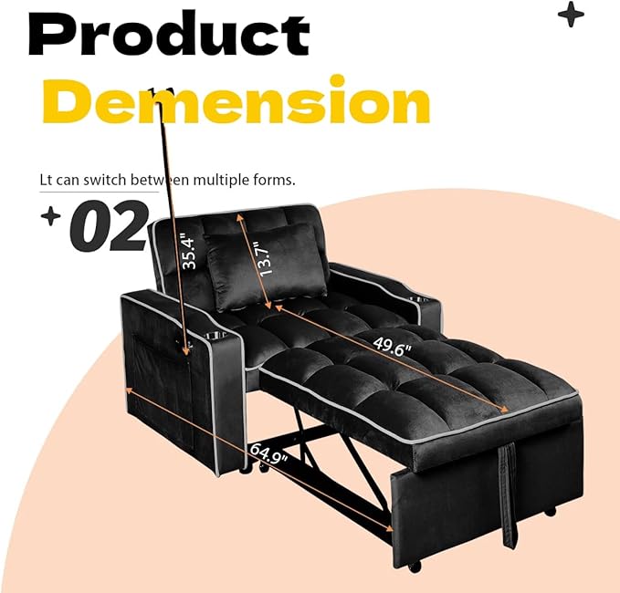 Convertible Sleeper Chair Pull Out Chair Sleeper with Bracket and Cup Holder 3 in 1 Sofa Bed Chairs for Adults Chairs Bed Sleepers for Small Spaces Living Room Black