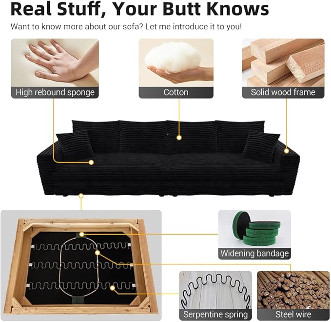 Cloud Couch Modular Sectional Sofa Fluffy 4 Seater Corduroy Cloud Sofa Couch 102.4'' Oversized Chaise Lounge Sleeper Sofas Deep Seat Sectional Couches for Living Room Black