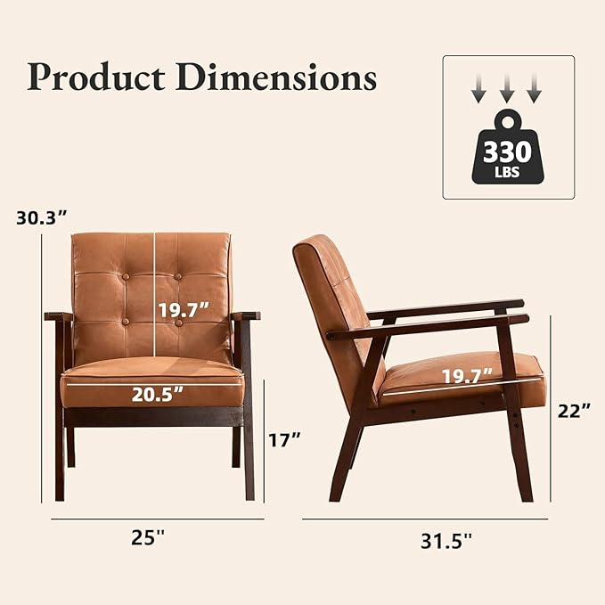 Bonzy Home Mid Century Modern Accent Chair for Living Room Upholstered Faux Leather Armchair Comfy Retro Bedroom Side Chair with Solid Wood Frame Orange