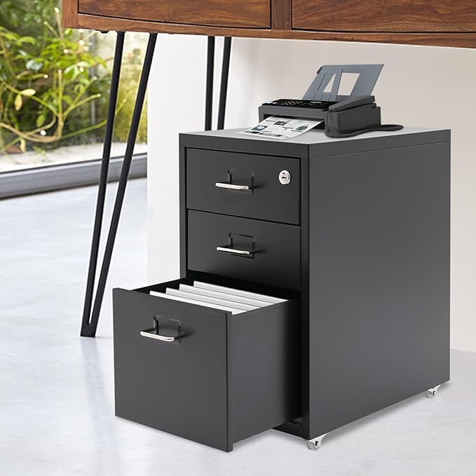 3 Drawer Locking File Cabinet Mobile Storage Organizer with Wheels Under Desk Metal Small Filing Cabinets for Home Office Study Dresser (Black)