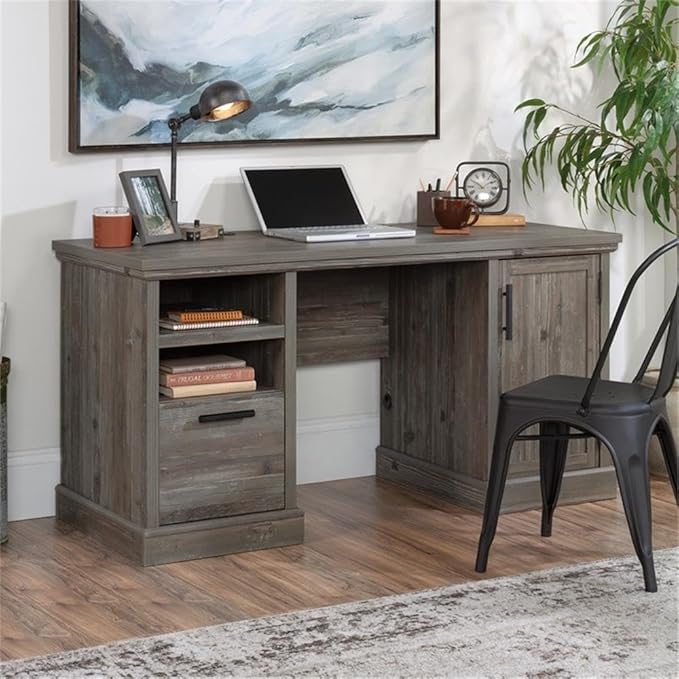 Pemberly Row Engineered Wood Computer Desk Pebble Pine/Brown Finish 59 in Wide Adjustable Shelf File Drawer Hidden Storage Cord Management Rustic Style Home Office Desk