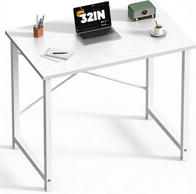 Sweetcrispy Computer Small Desk 32 Inch Office Writing Work Study Student Home Bedroom Table with Metal Frame Wooden Tabletop No Wheels - White Wood