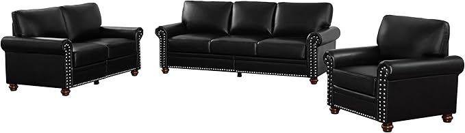 Harper &amp Bright Designs 3-Piece Sofa Sets with Storage Space &amp Wood Legs Sectional Living Room Sets Faux Leather Couches Sets with 3-Seat Sofa Loveseat and Sofa Chair for Living Room (Black)