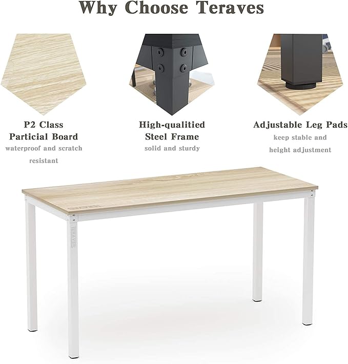 Teraves Computer Desk/Dining Table Office Desk Sturdy Writing Workstation for Home Office(55.11“ Beige + White Frame)