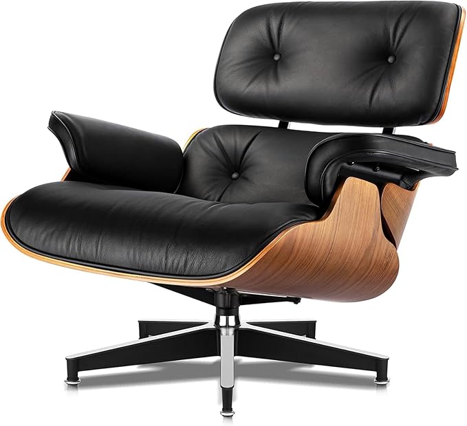 Mid Century Chaise Lounge Chair and Ottoman Reading Chair Leather Accent Chair Modern Chair Classic Design Heavy Duty Base Support for Living Room (Walnut-Black Tall)