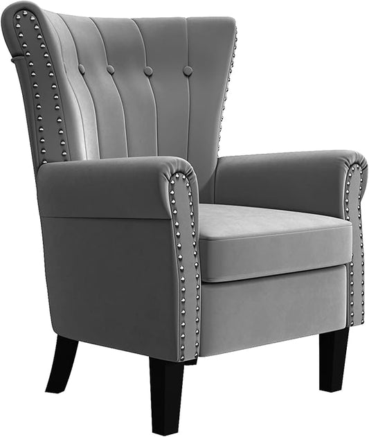 Velvet Accent Chair with Arms Modern Wingback Tufted Armchair Soft Cushioned Club Chair with Solid Wood Legs for Living Room Bedroom Home Office Light Grey