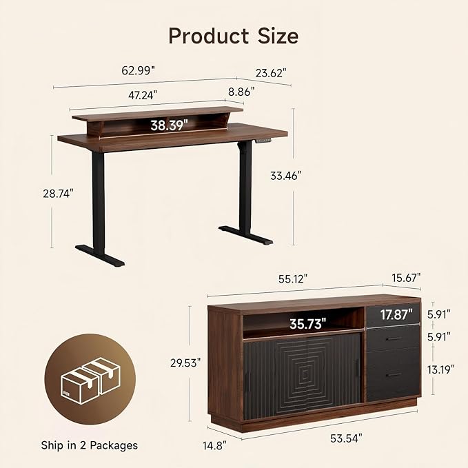 ONBRILL Home Office Furniture Set 63'' Standing Desk with 55'' File Cabinet Electric Height Adjustable Executive Workstation with Monitor Stand for Home Office Walnut