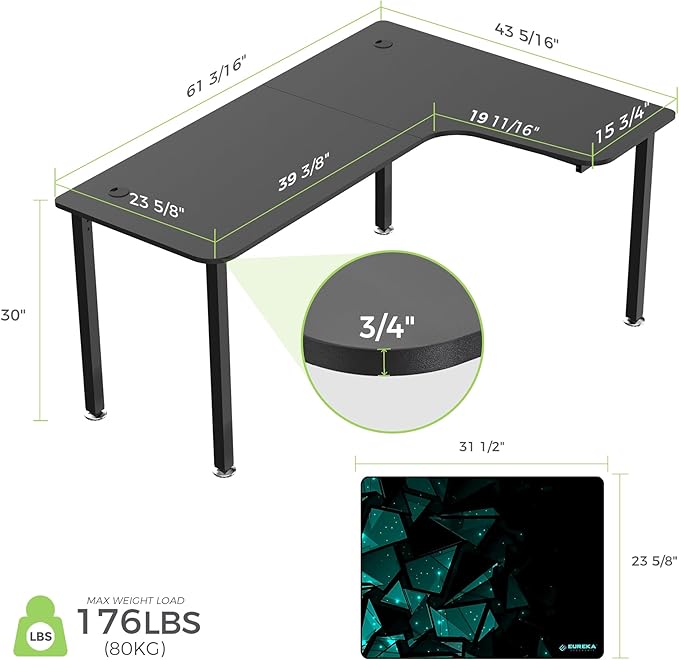 EUREKA ERGONOMIC 60 Inch Black Corner L Shaped Computer Desk Home Office Gaming Study Work Writing Table Long Large Sturdy Workstation Simple Modern with Metal Legs Right Side