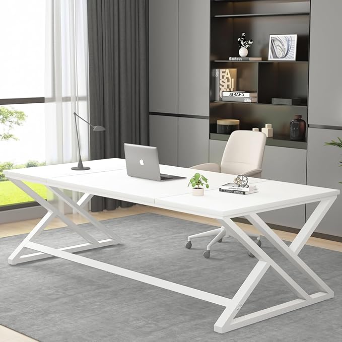 LVB White Long Computer Desk Modern Large Wood Metal Office Desk Farmhouse Pc Study Work Writing Desk for Two Person Rustic Double Workstation Executive Desk for Home Bedroom Living Room 70 Inch
