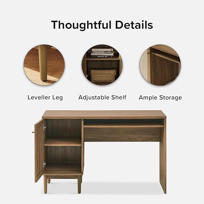 mopio Haylee Boho Farmhouse Writing Desk with Natural Rattan Exterior Door Ample Storage Adjustable Shelves for Study Vanity Makeup &amp Work in Bedroom Home Office