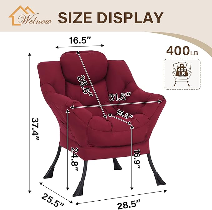 Welnow Lazy Chair for Living Room Modern Reading Accent Chair with Armrests and a Side Pocket Leisure Upholstered Lazy Sofa for Small Space Bedroom Dorm Burgundy