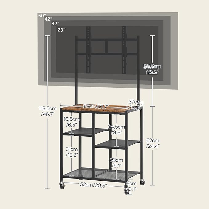 HOOBRO Small TV Stand with Wheels and Mount for 50 Inch TVs Mobile Rolling TV Stand with Storage Shelves Small Entertainment Center for Living Room Bedroom Study Rustic Brown BF37DS01