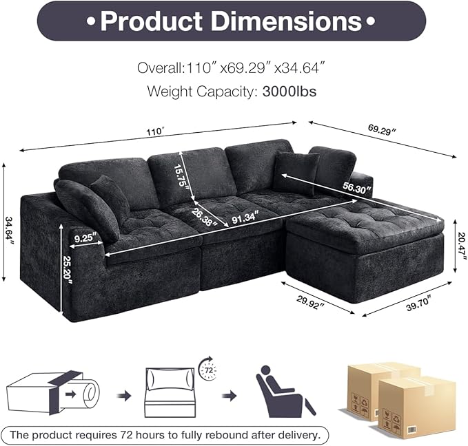 110 Cloud Sectional Couch for Living Room Upholstered L-Shape Modular Sofa with Movable Ottoman 3-Seater Deep-Seat Foam Couch Comfortable Convertible Sectional for Home &amp Apartment（Black）