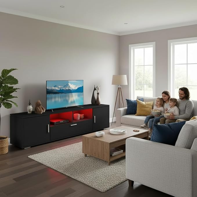 63 Inch Black TV Stand with 16-Color LED Lights Classic Modern Entertainment Center with Horizontal Drawer &amp Side Cabinets for TVs up to 75 Inches Wood Media Console
