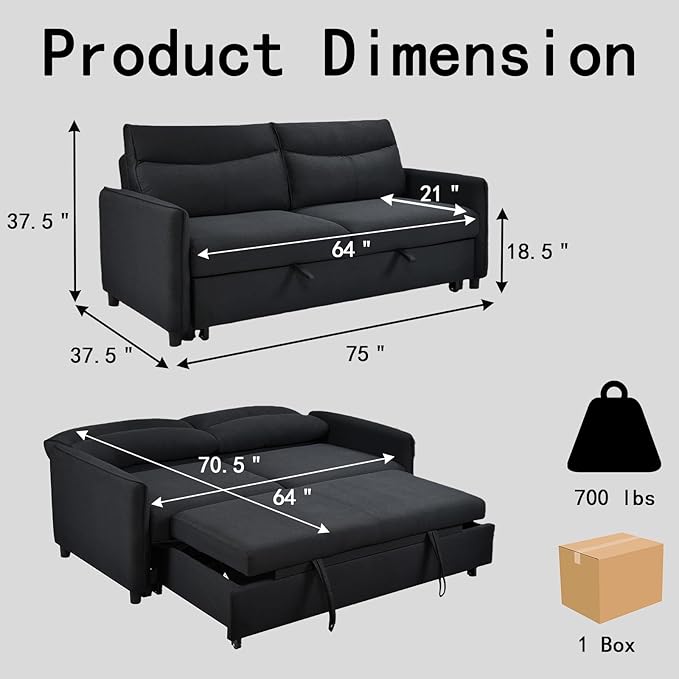 THSUPER 75‘’ Queen Size Sofa Bed Loveseat Sleeper Sofa with Pull Out Bed Convertible Small Sleeper Couch Bed for Living Room/RV/Apartment (Black) | 3 in 1 sofa bed adjustable backrest
