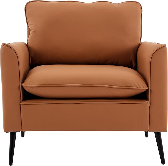 YISHENG Mid-Century Modern Living Room Accent Chairs Set of 2 - Oversized Faux Leather Armchairs with Removable Cushions &amp Metal Legs Comfortable Sofas for Office/Lounge/Bedroom/Reception（Brown）