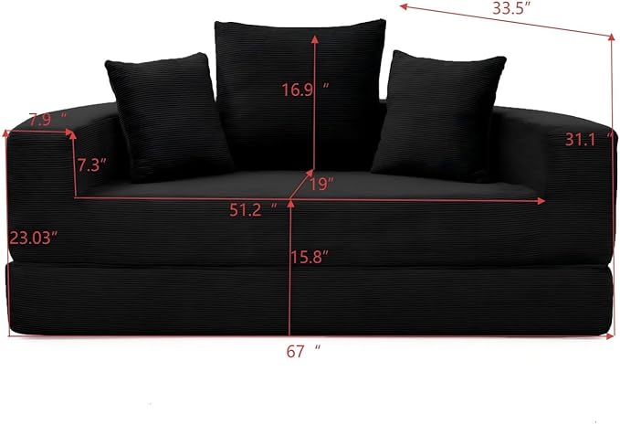 Folding Sofa Bed Corduroy Circular Boneless Couch No Assembly Convertible Sleeper Sofa with 3 Pillow Comfy Futon Sofa Bed for Apartment Office Bedroom Living Room Black