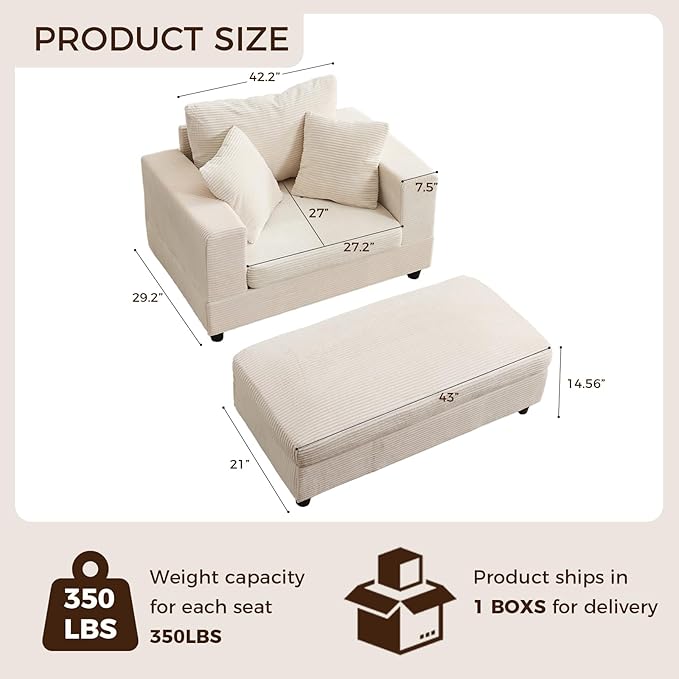 Chaise Lounge Chair Indoor54 Inch Large Corduroy Chaise Lounges Chair with Ottoman &amp 3 Pillows Deep Seat Upholstered Comfy Sleeper Chairs for Living RoomBedroomOffice (Beige)