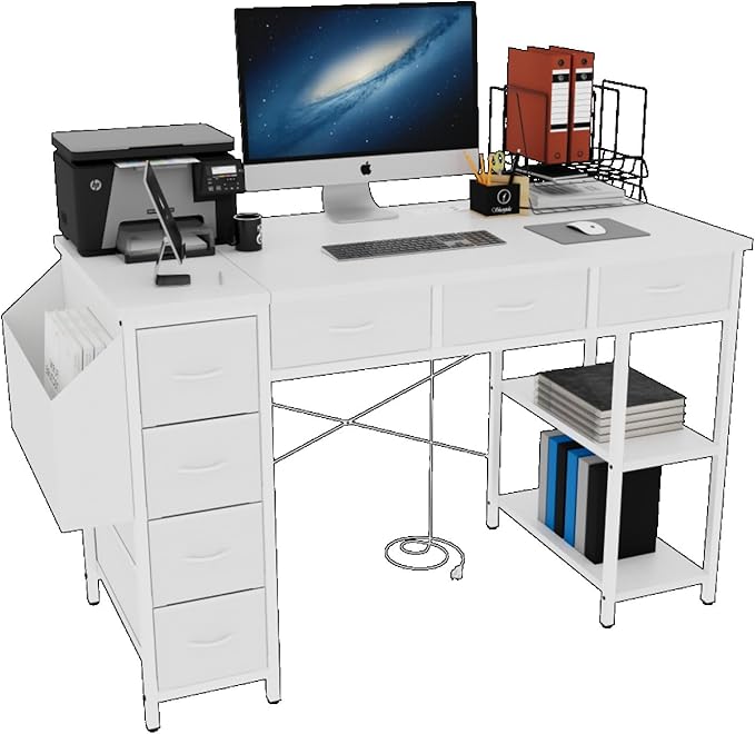 47 Computer Desk with Power OutletWriting DeskHome Office DeskVanity Table with 7 Fabric Drawers Large Side PocketWhite