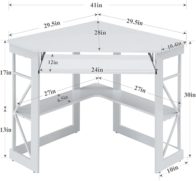 VECELO Corner Computer Desk 41 x 30 inches with Smooth Keyboard &amp Storage Shelves for Home Office Workstation White