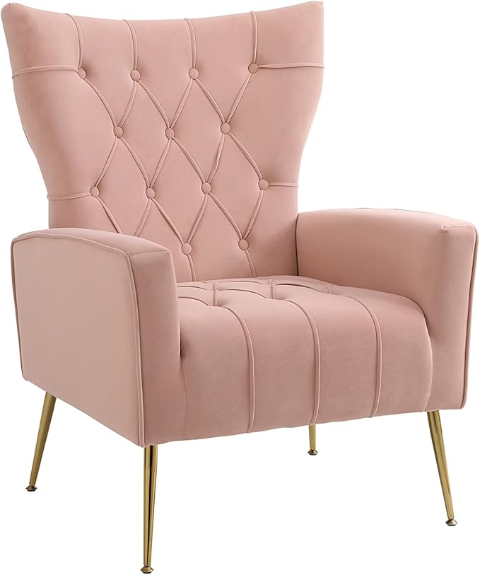 Velvet Accent Chair with Ottoman Modern Lounge Chair with Wing Backrest &amp Metal Legs Upholstered Single Leisure Sofa Chair Reading Chair for Living Room Bed Room Office (Pink)