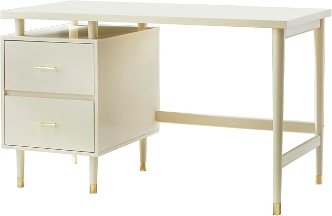 Margo 50 Wide Mid-Century Modern Wood Desk with Drawers Stylish Elevated Top Design Solid Pine Wood Tapered Legs Computer Desk for Home Office &amp Study Antique White
