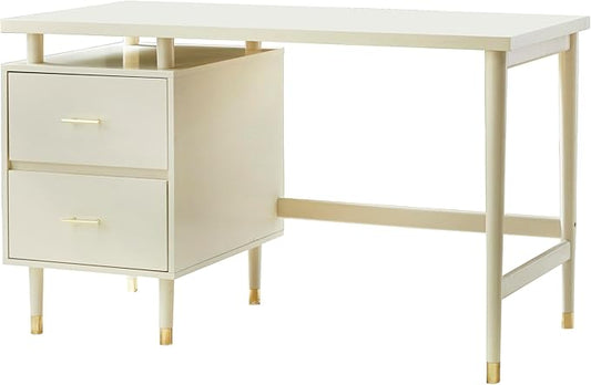 Margo 50 Wide Mid-Century Modern Wood Desk with Drawers Stylish Elevated Top Design Solid Pine Wood Tapered Legs Computer Desk for Home Office &amp Study Antique White