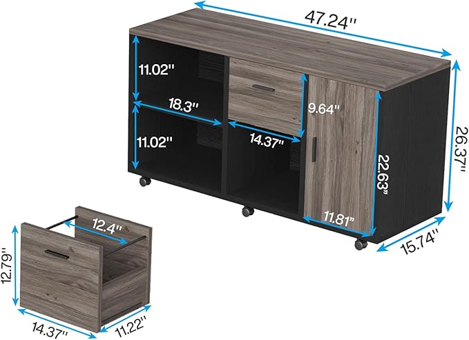 Tribesigns 47 Mobile File Cabinet with 2 Drawers Wooden Filling Cabinet for Home Office Lateral Office Storage Cabinet with Storage Shelves for Legal Size/Letter/A4/Files Grey and Black