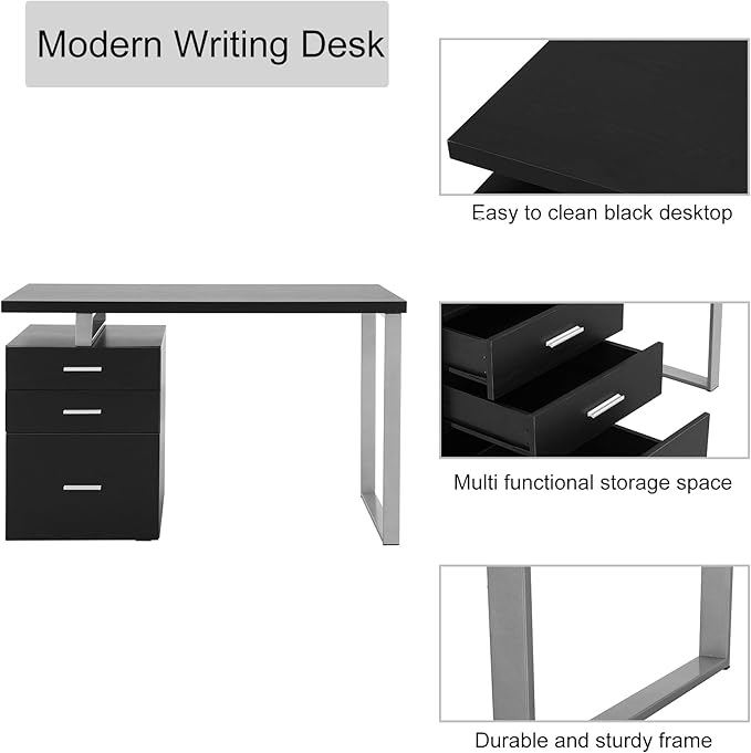 LOKATSE HOME Computer Desk with Drawers File Cabinet-Reversible Set Up Office Writing Study Desks Furniture Silver Metal Frame 47