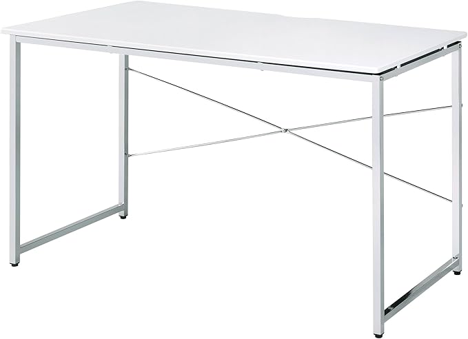 White and Chrome Writing Work Study Desk with Sled Base Metal Frame for Study and Home Office