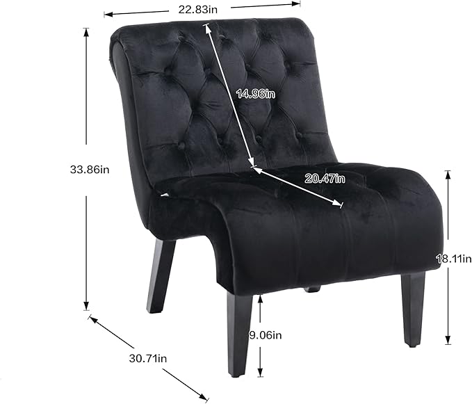 Velvet Accent Lounge Chair for Living Room Modern Leisure Chair with Tufted Backrest Indoor Armless Side Chair Upholstered Bedroom Sleeper Chair with Solid Wood Legs (Black)