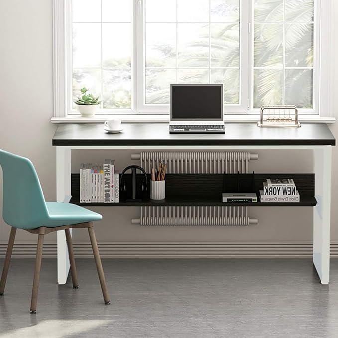 Wooden 43in Computer Desk with Storage Shelf and Metal Stand Modern PC Laptop Workstation Study Table at Home Office Table (Black Desktop+White Legs)