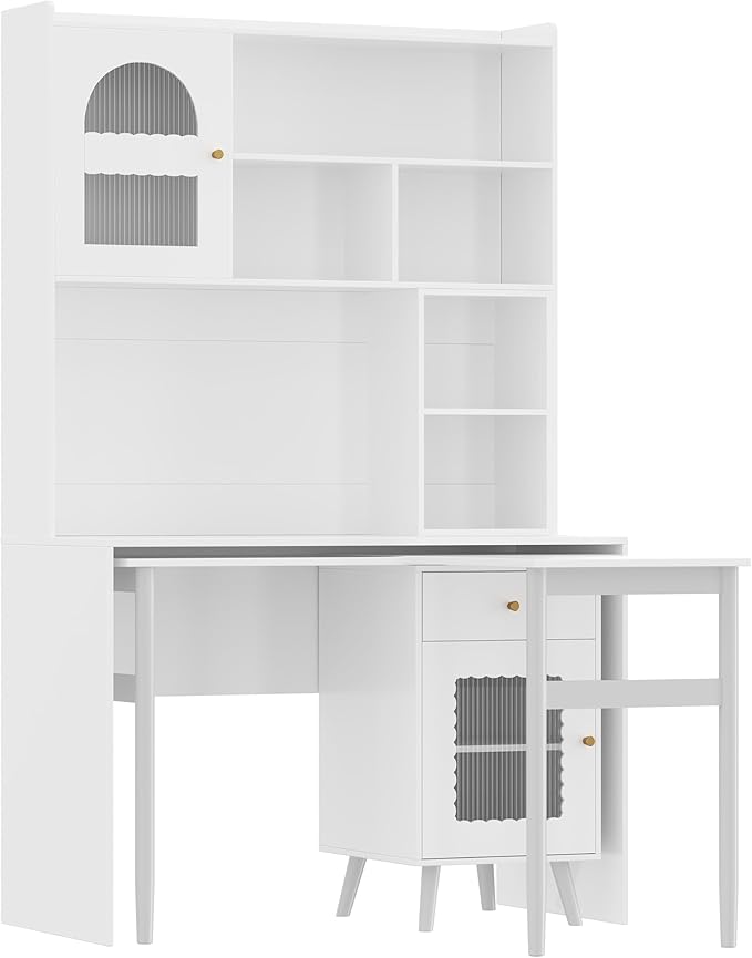 Modern Computer Desk with Hutch Drawer Shelves Storage Cabinet and 90° Rotating Desktop Executive Working Desk Gaming Desk Writing Desk for Home Office Study Room Living Room
