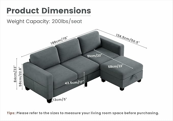 Sectional Couches for Living Room - Convertible L Shaped Couch with Storage Ottoman 3 Seater Modern Velvet Grey Sofa for Small Space Studio Basement Loft